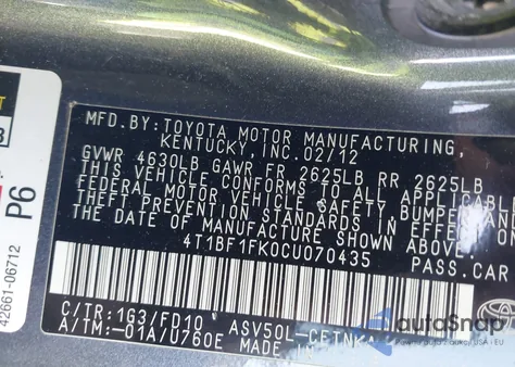 2012 Toyota Camry Le из США, поврежденный, VIN 4T1BF1FK0CU070435